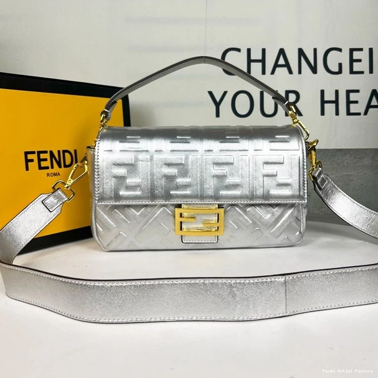 Cheap HOT Medium Motif Silver Fendi Leather FF Nappa Baguette In Bag 0707
